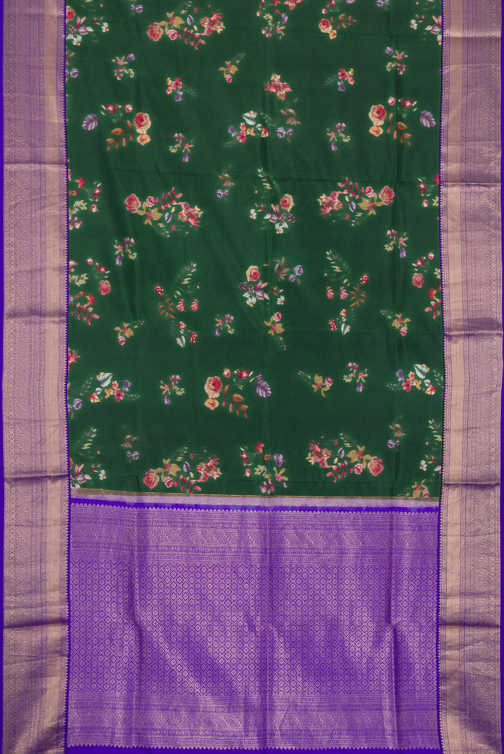 Flat view of Green Dual Tone Kanchipuram Silk Saree with Printed design on the body and Zari Border. 