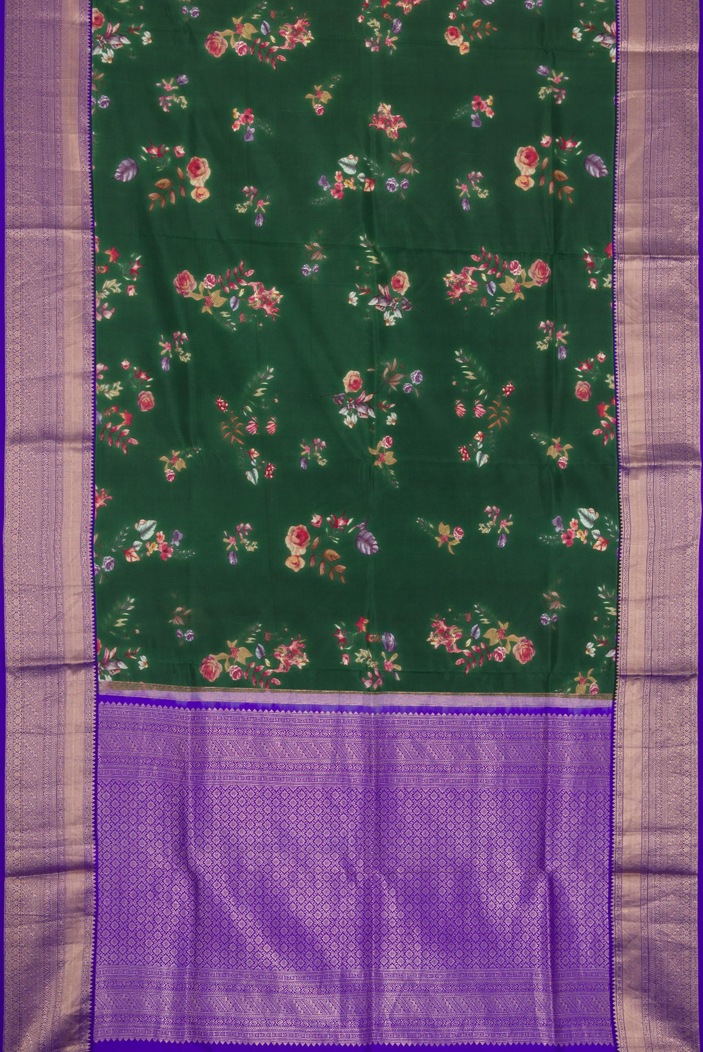 Flat view of Green Dual Tone Kanchipuram Silk Saree with Printed design on the body and Zari Border. 