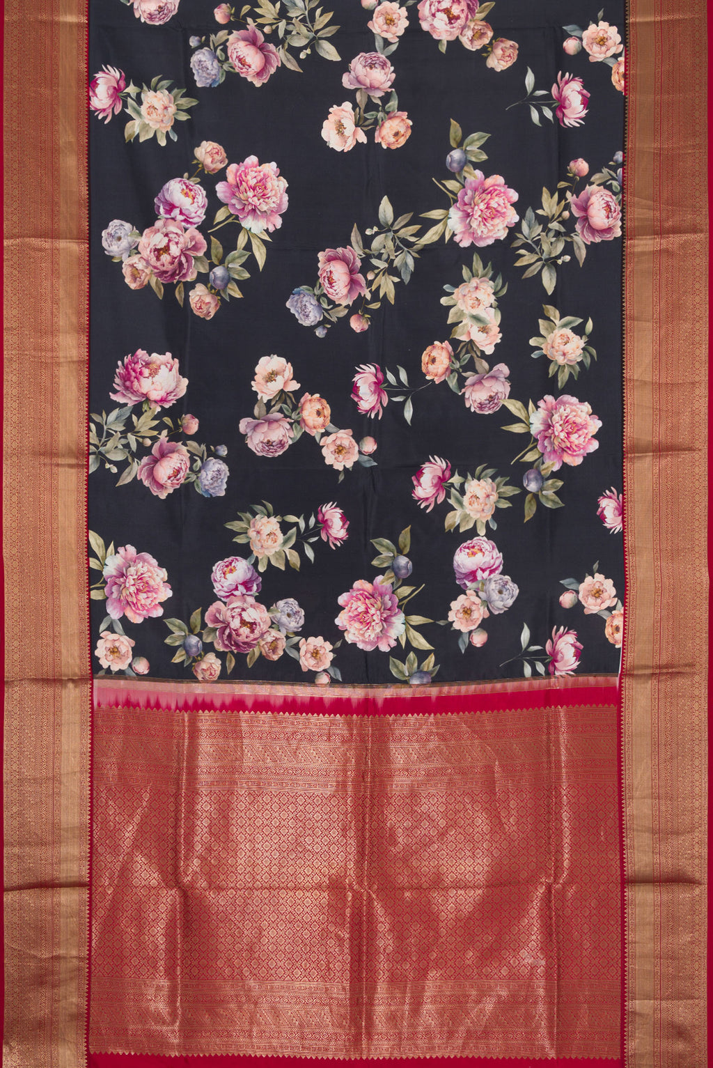 Flat view of Navy Blue Dual Tone Kanchipuram Silk Saree with Printed design on the body and Zari Border. 