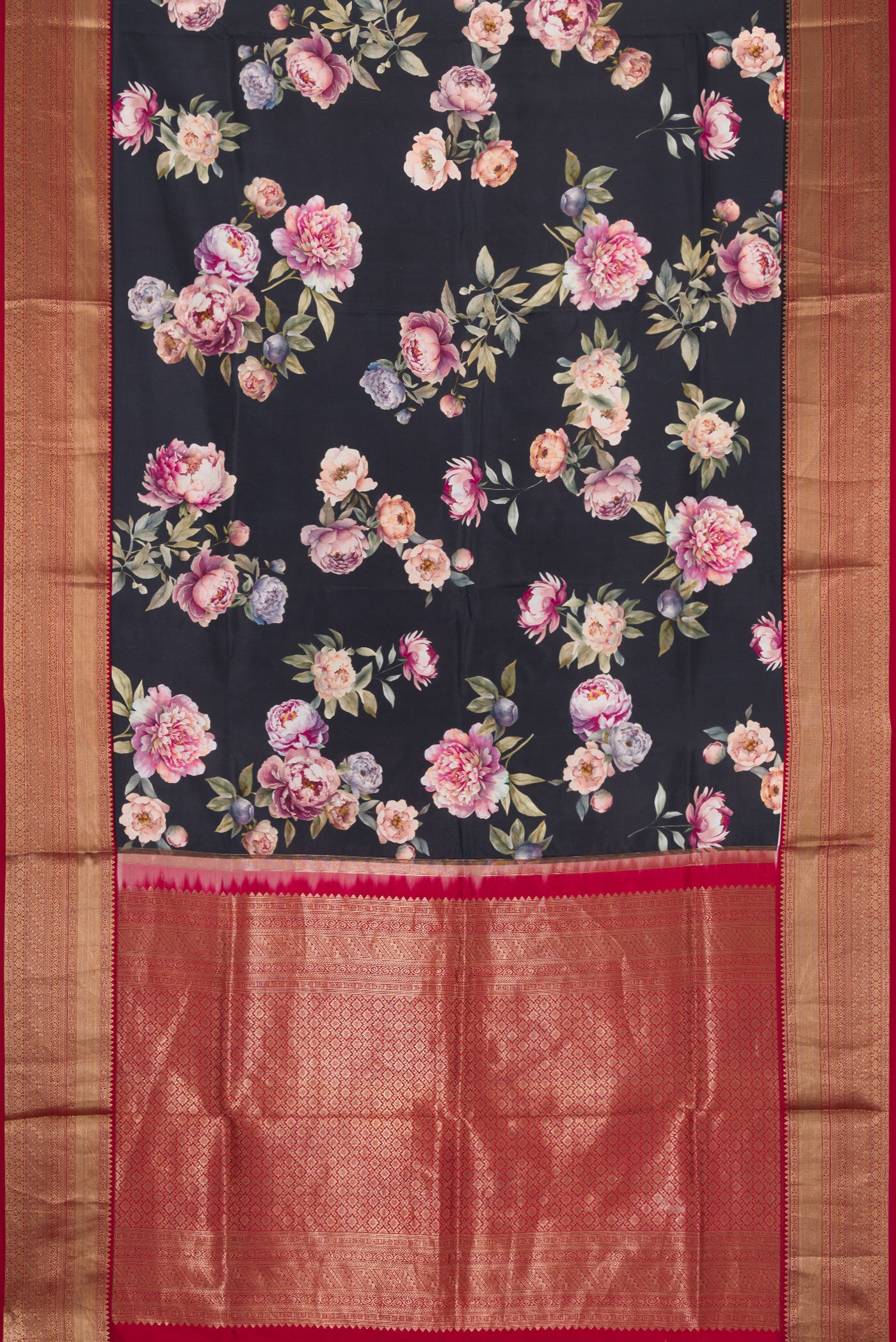 Flat view of Navy Blue Dual Tone Kanchipuram Silk Saree with Printed design on the body and Zari Border. 