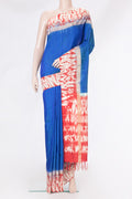Peacock Blue Dual Tone Tussar Silk Saree with Plain Body and Printed Border.  displayed on a mannequin