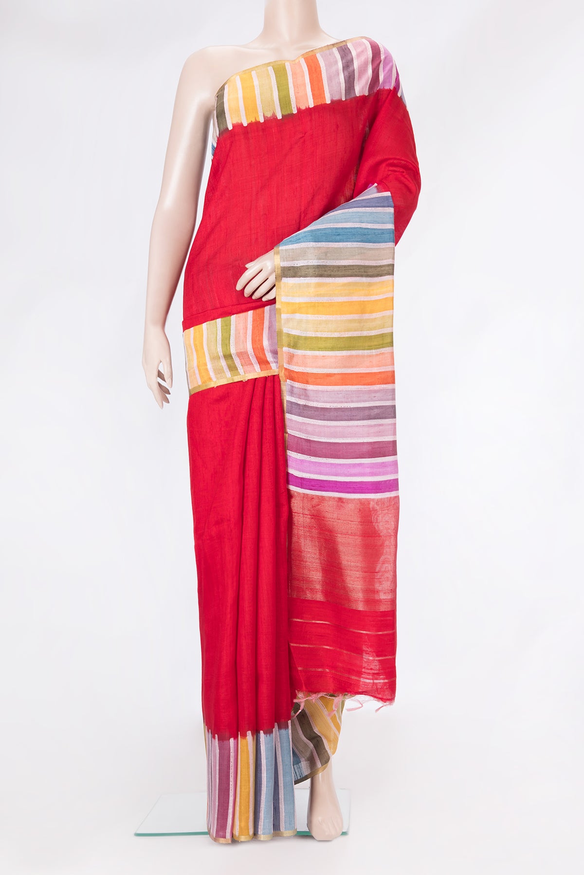 Red Dual Tone Tussar Silk Saree with Plain Body and Printed Border.  displayed on a mannequin