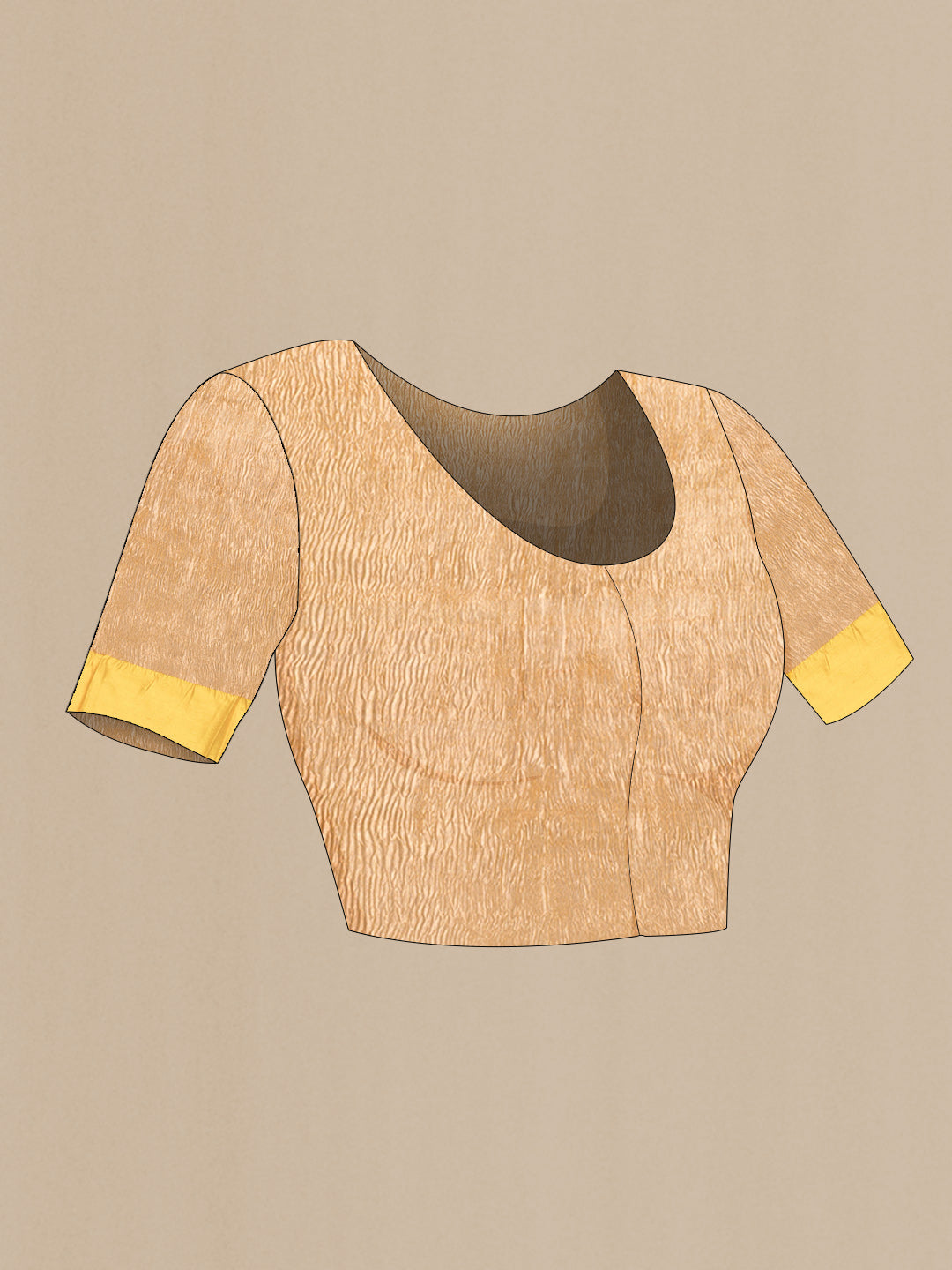 Close up image of the blouse of Yellow Dual Tone Raw Silk Saree with Plain Body and Thin Zari Line. 