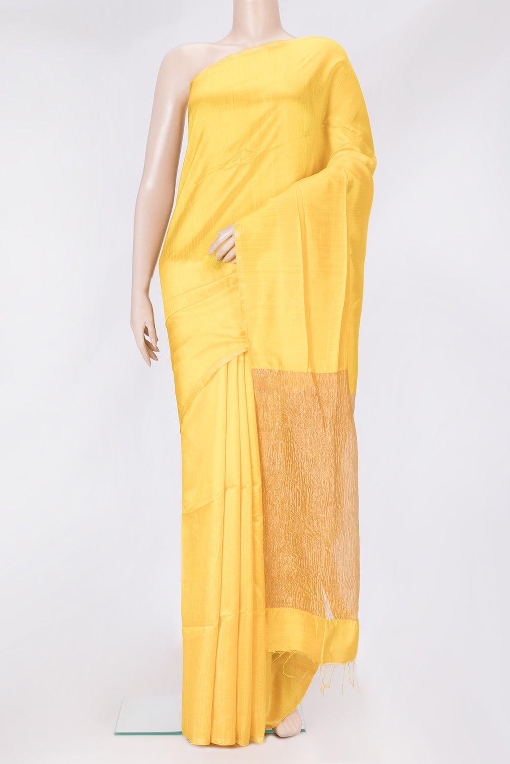 Yellow Dual Tone Raw Silk Saree with Plain Body and Thin Zari Line.  displayed on a mannequin