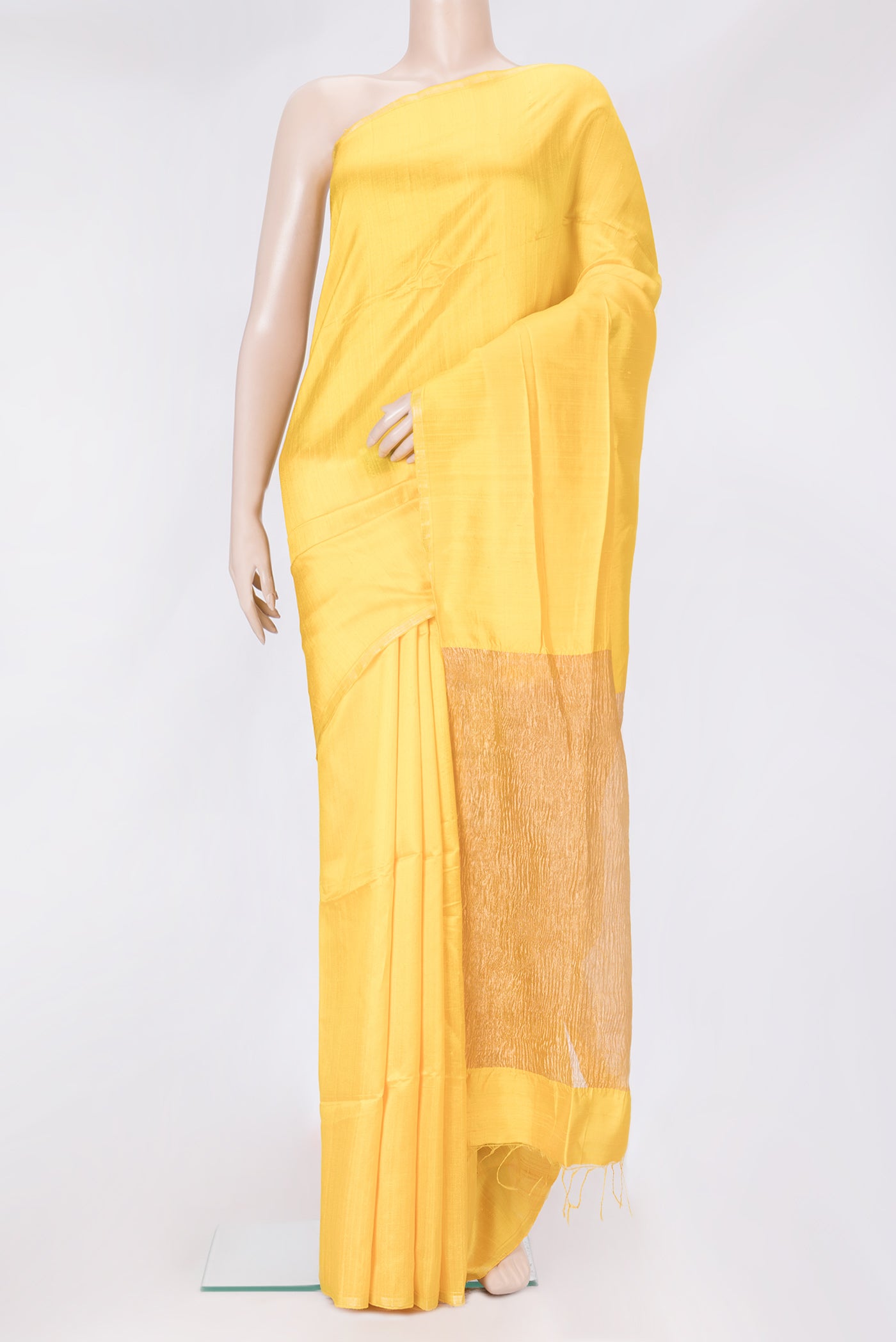Yellow Dual Tone Raw Silk Saree with Plain Body and Thin Zari Line.  displayed on a mannequin