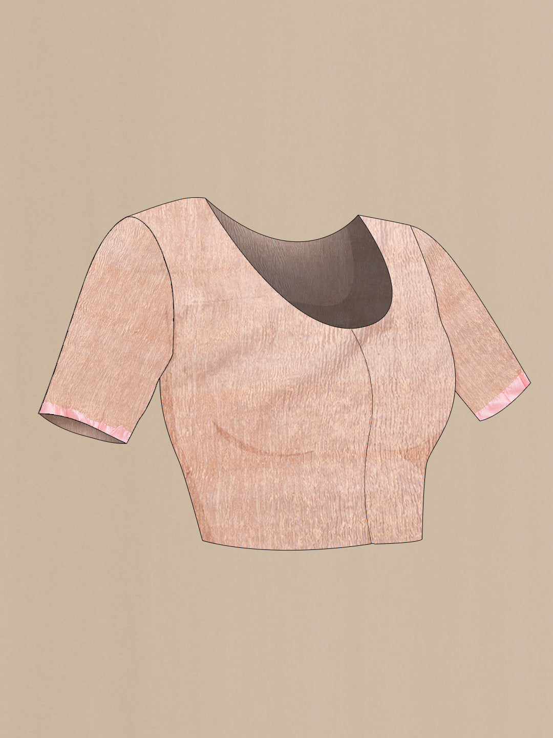 Close up image of the blouse of Pink Dual Tone Raw Silk Saree with Plain Body and Thin Zari Line. 