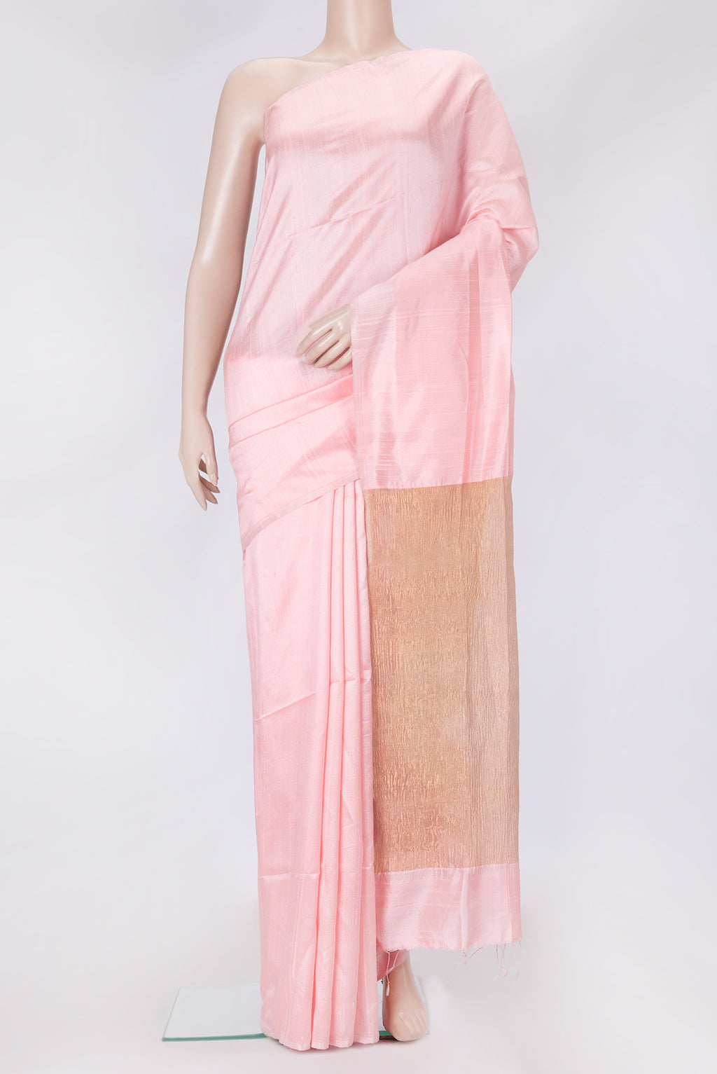 Pink Dual Tone Raw Silk Saree with Plain Body and Thin Zari Line.  displayed on a mannequin