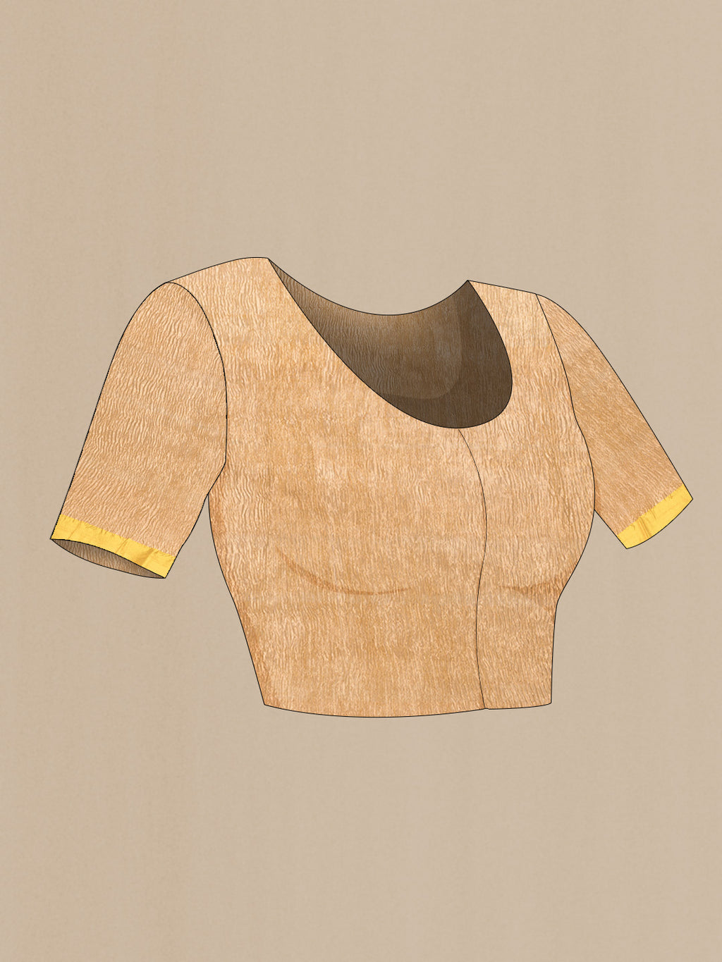 Close up image of the blouse of Yellow Dual Tone Raw Silk Saree with Thread Butta on the body and Thin Zari Line. 