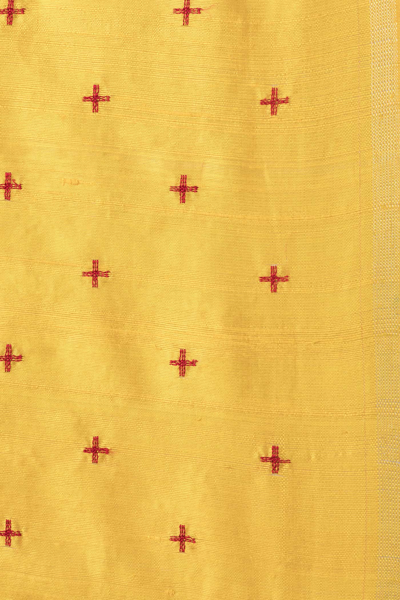 Border image of Yellow Dual Tone Raw Silk Saree with Thread Butta on the body and Thin Zari Line. 