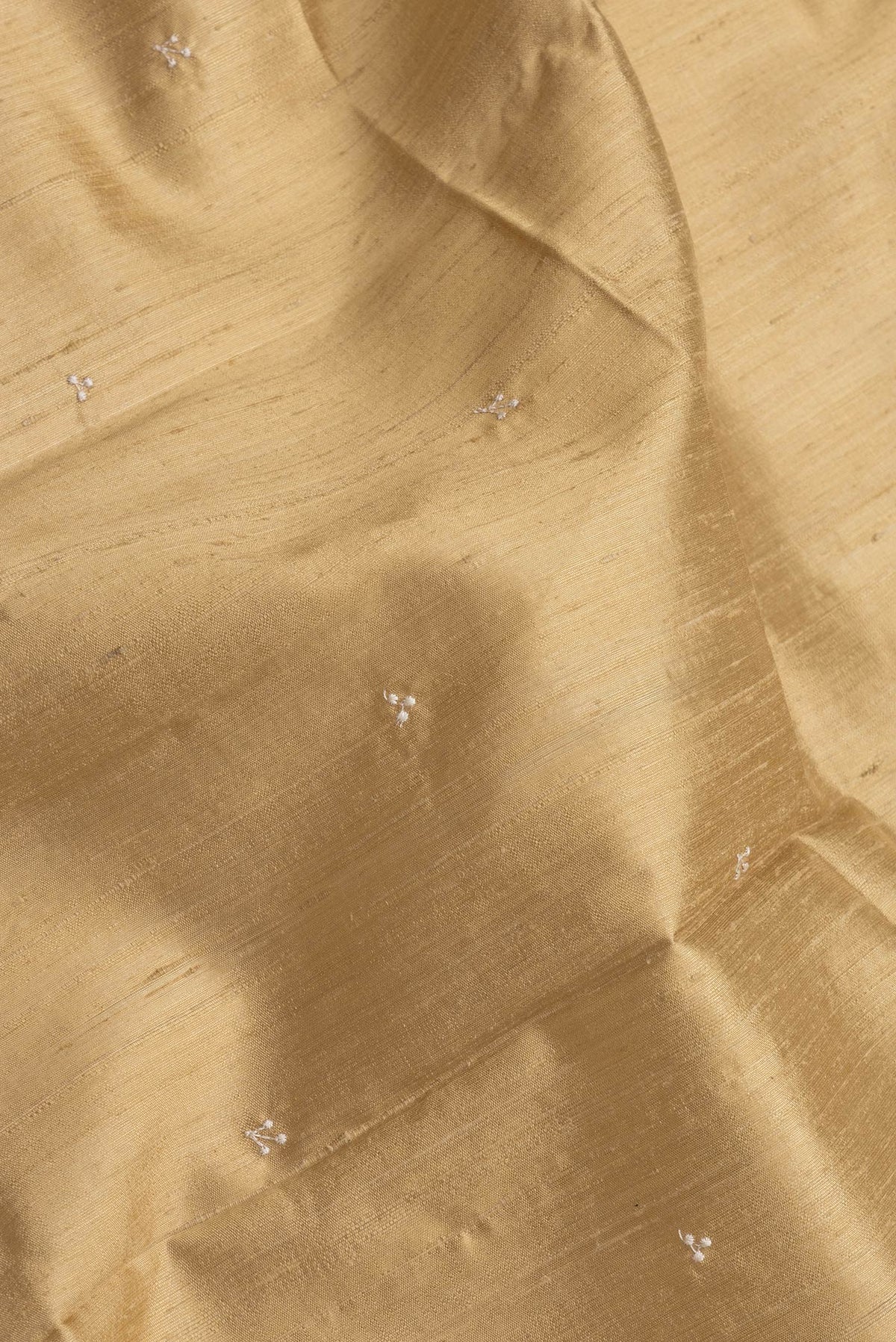 Close up of Gold Dual Tone Raw Silk Saree with Embroidery on the body and Zari Border.  displaying folds