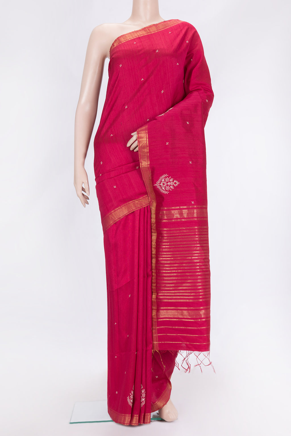 Dark Pink Dual Tone Raw Silk Saree with Embroidery on the body and Zari Border.  displayed on a mannequin