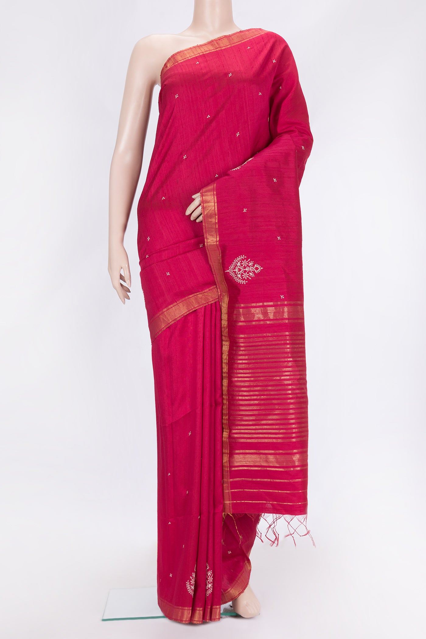 Dark Pink Dual Tone Raw Silk Saree with Embroidery on the body and Zari Border.  displayed on a mannequin