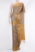 Pure Silk Mustard Tussar Saree with Printed design on the body and Zari Border.  displayed on a mannequin