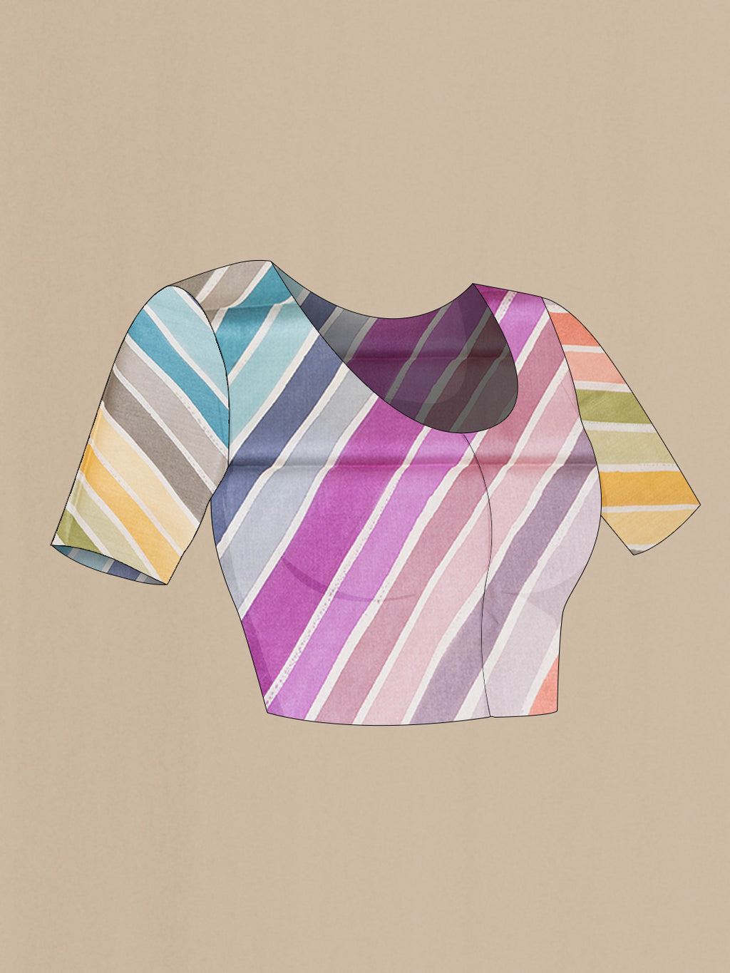 Close up image of the blouse of Lavender Tussar Silk Saree with Printed design on the body and Plain Border. 