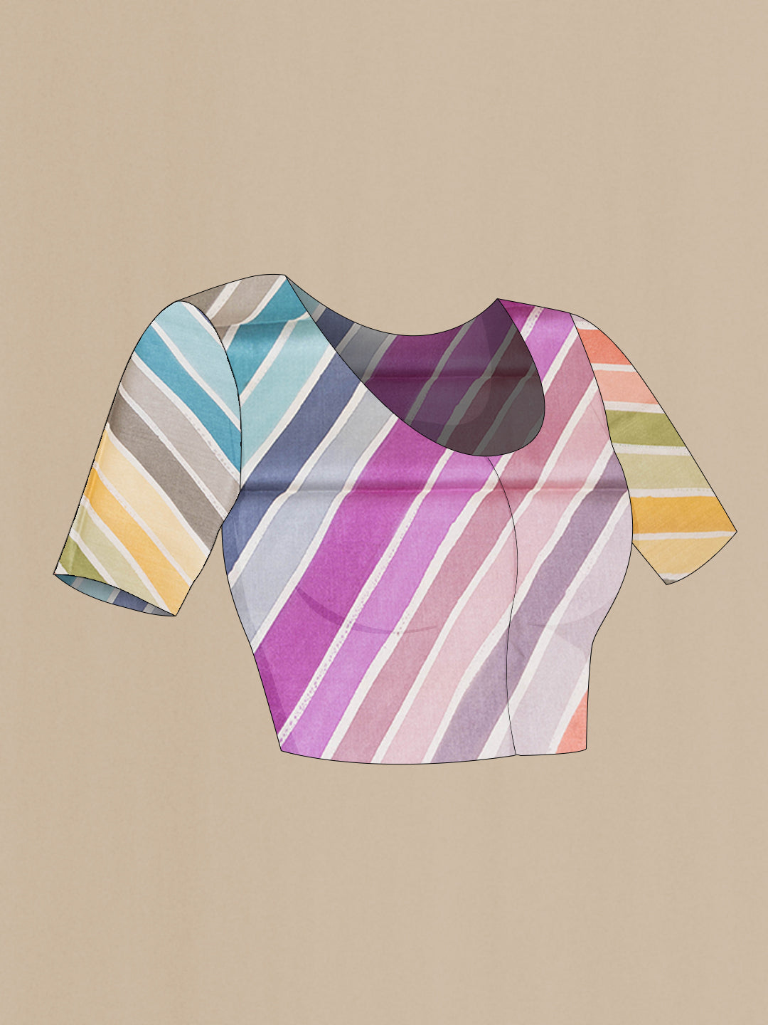 Close up image of the blouse of Lavender Tussar Silk Saree with Printed design on the body and Plain Border. 