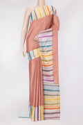 Golden Peach Tussar Silk Saree with Plain Body and Fancy Border.  displayed on a mannequin
