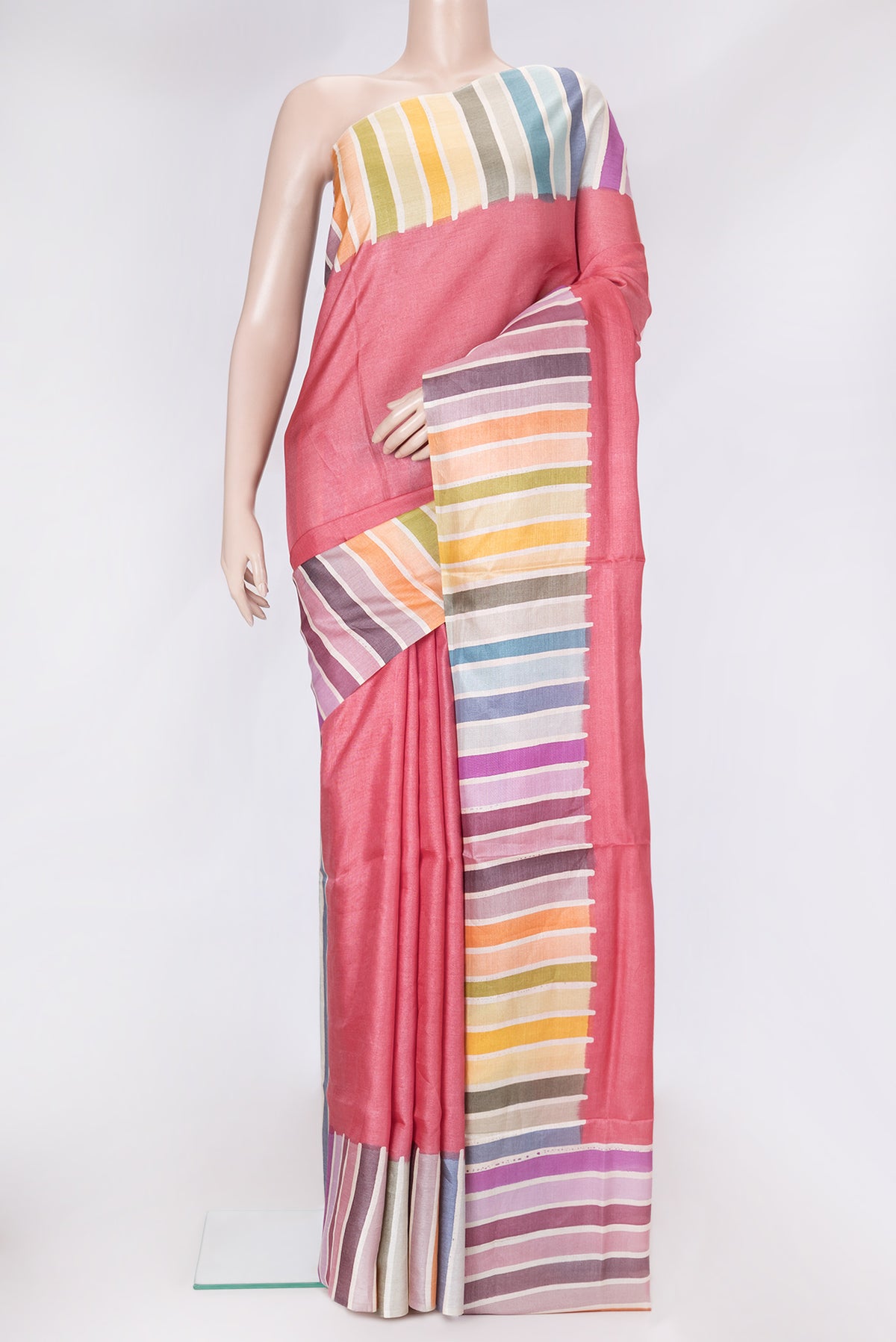 Pink Dual Tone Tussar Silk Saree with Plain Body and Printed Border.  displayed on a mannequin