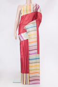 Red Dual Tone Tussar Silk Saree with Plain Body and Printed Border.  displayed on a mannequin