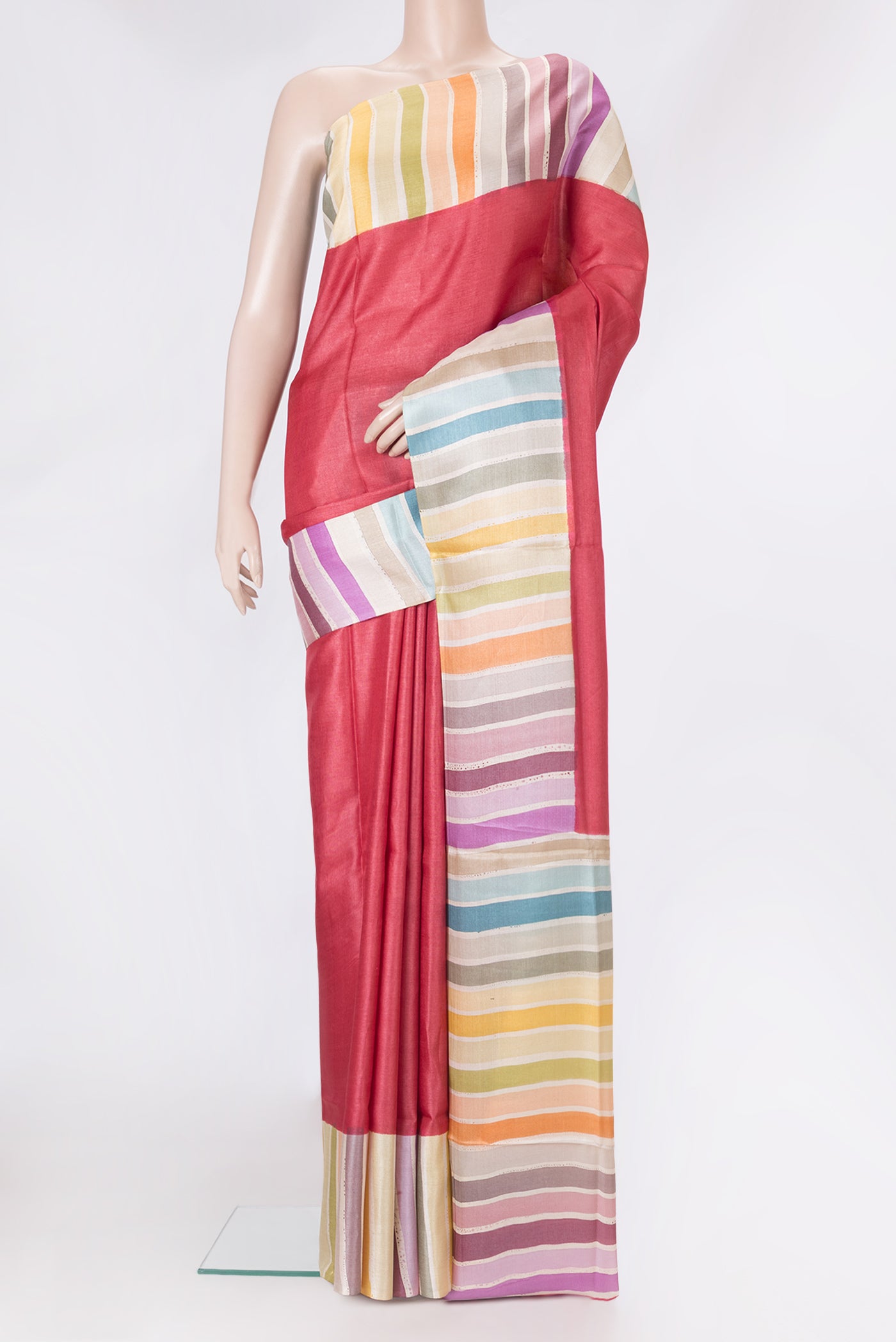 Red Dual Tone Tussar Silk Saree with Plain Body and Printed Border.  displayed on a mannequin