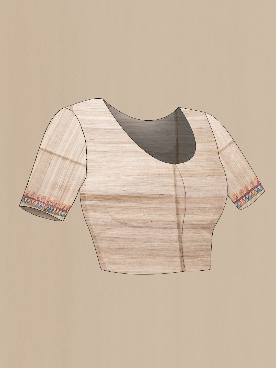 Close up image of the blouse of Beige Dual Tone Tussar Silk Saree with Printed design on the body and Fancy Border. 