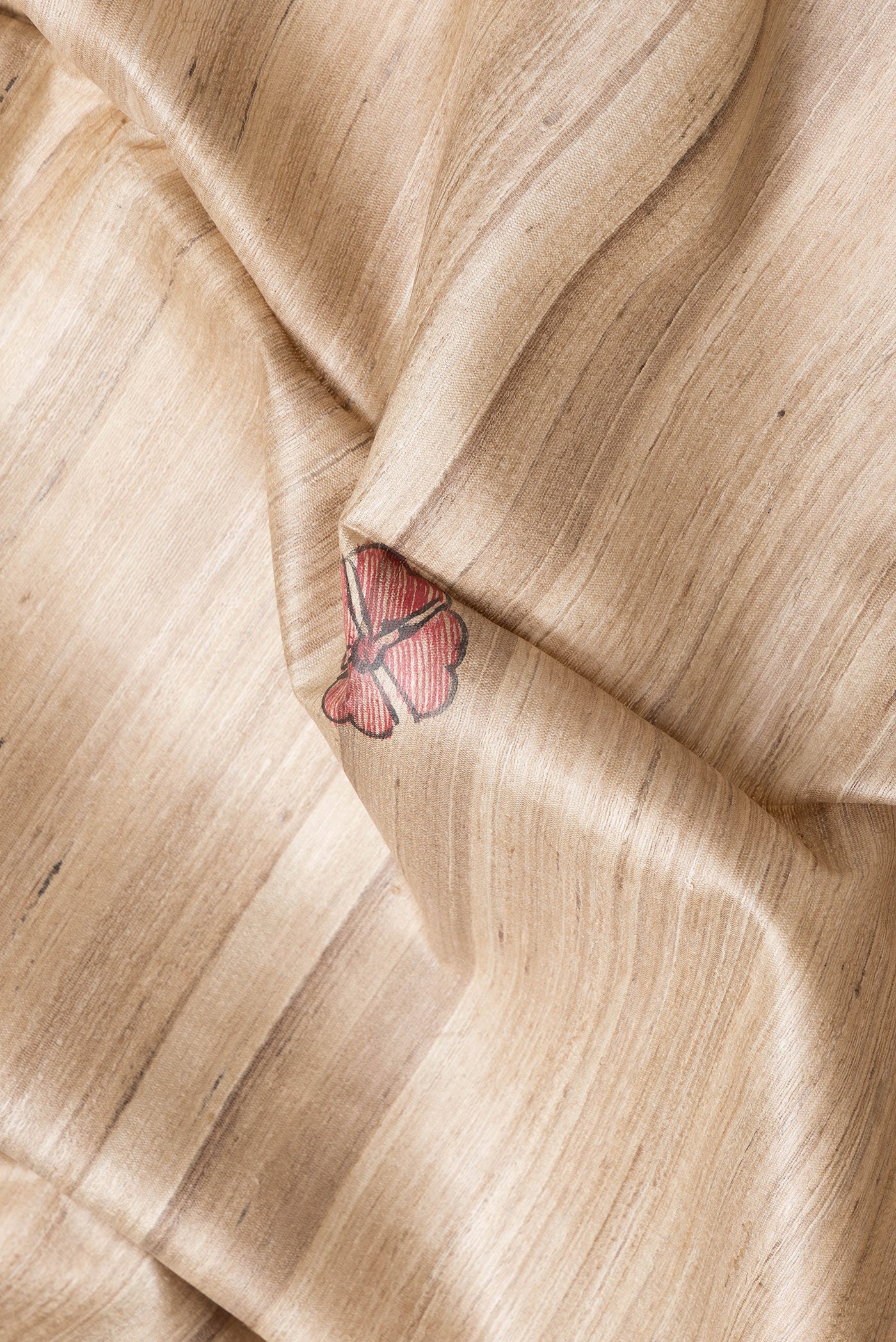 Close up of Beige Dual Tone Tussar Silk Saree with Printed design on the body and Fancy Border.  displaying folds