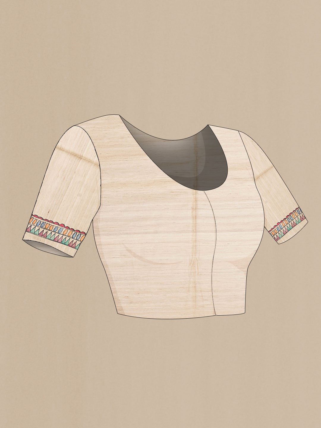 Close up image of the blouse of Beige Tussar Silk Saree with Printed design on the body and Printed Border. 