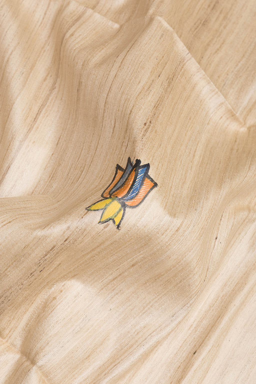 Close up of Beige Tussar Silk Saree with Printed design on the body and Printed Border.  displaying folds