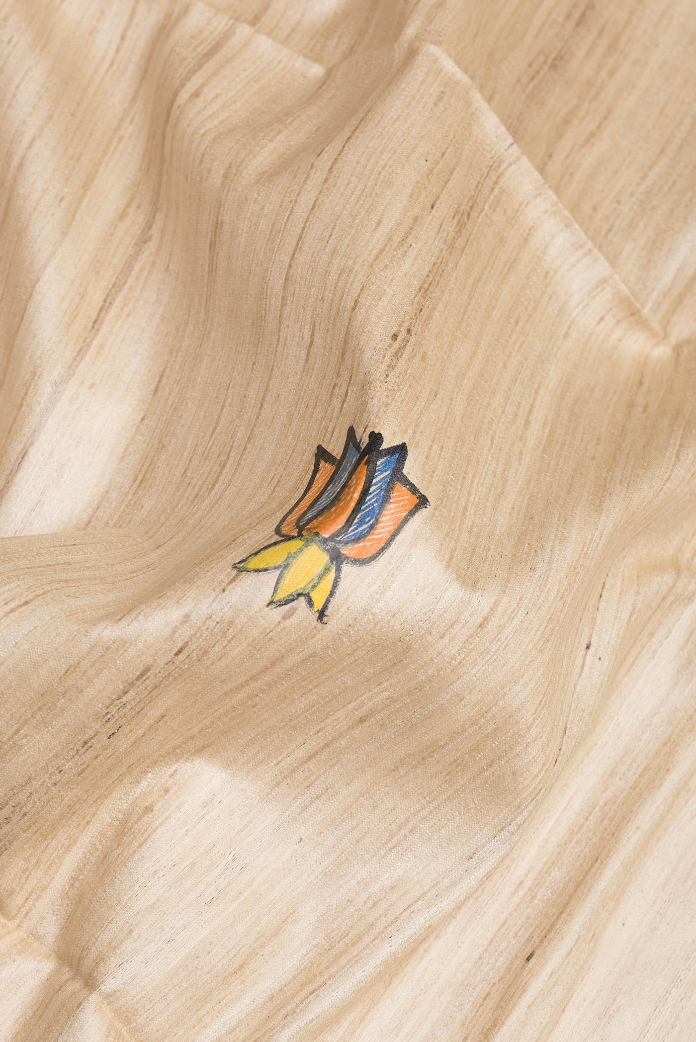 Close up of Beige Tussar Silk Saree with Printed design on the body and Printed Border.  displaying folds