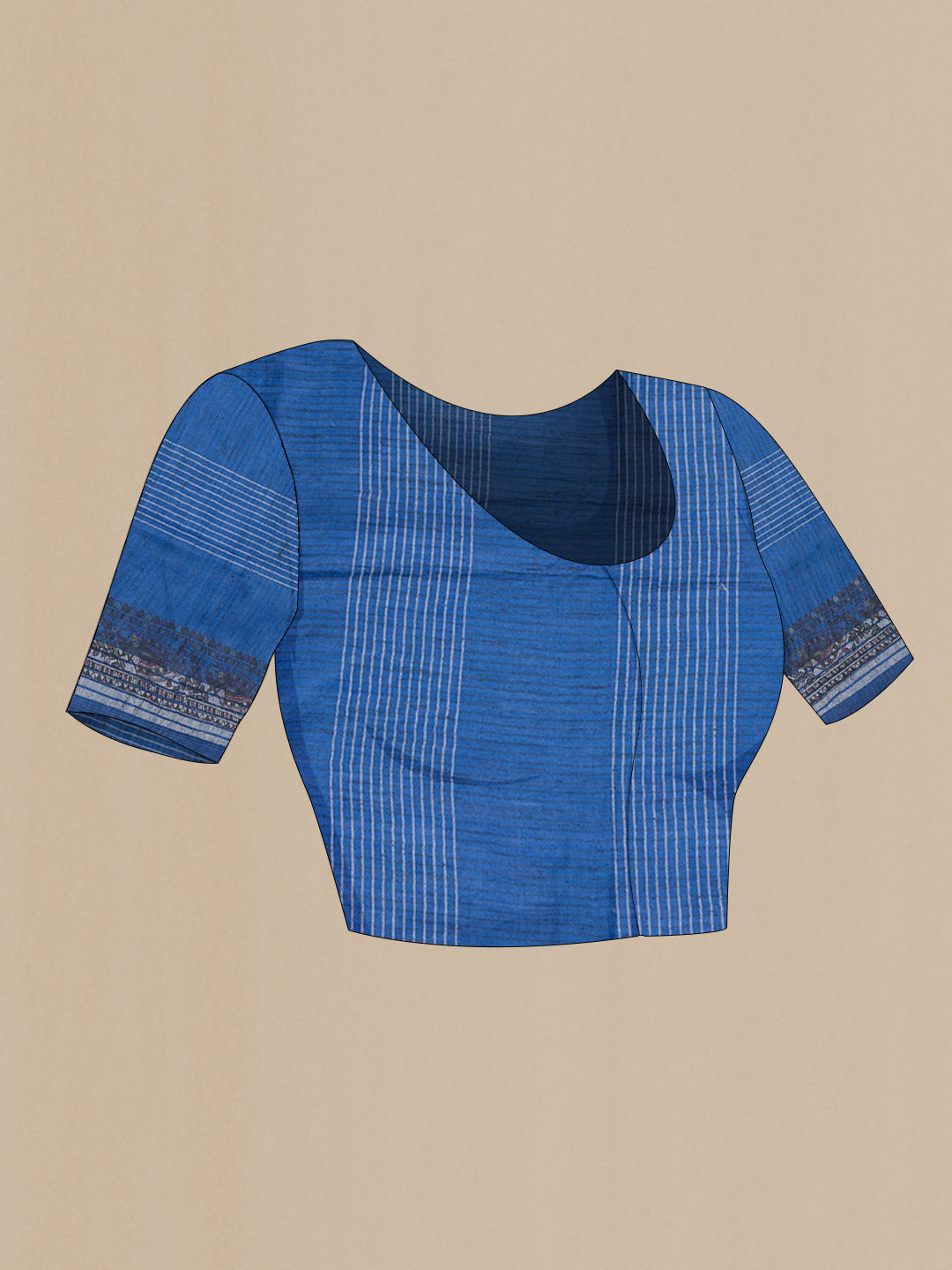 Close up image of the blouse of Peacock Blue Tussar Silk Saree with Printed design on the body and Printed Border. 