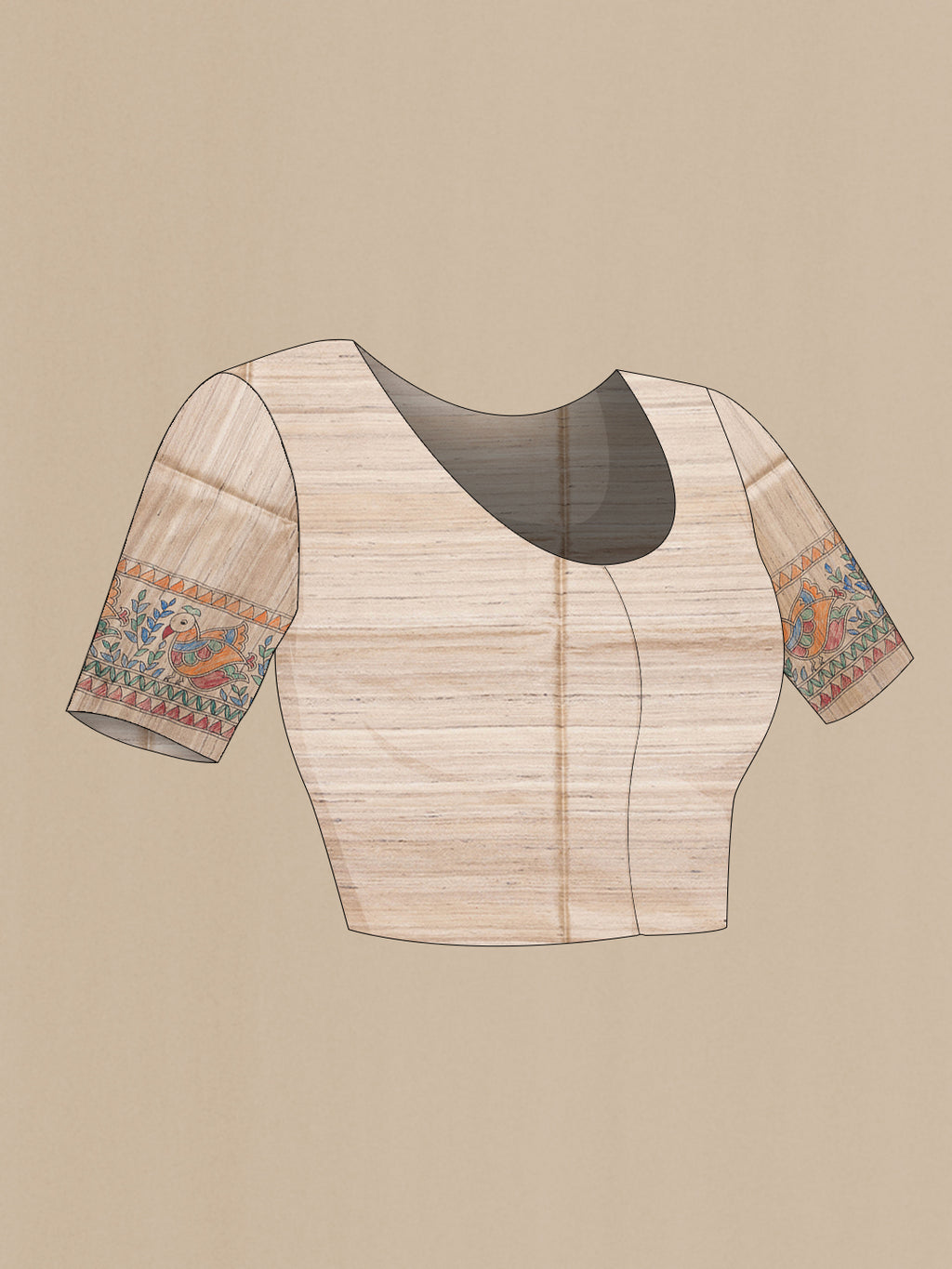 Close up image of the blouse of Beige Dual Tone Tussar Silk Saree with Printed design on the body and Fancy Border. 