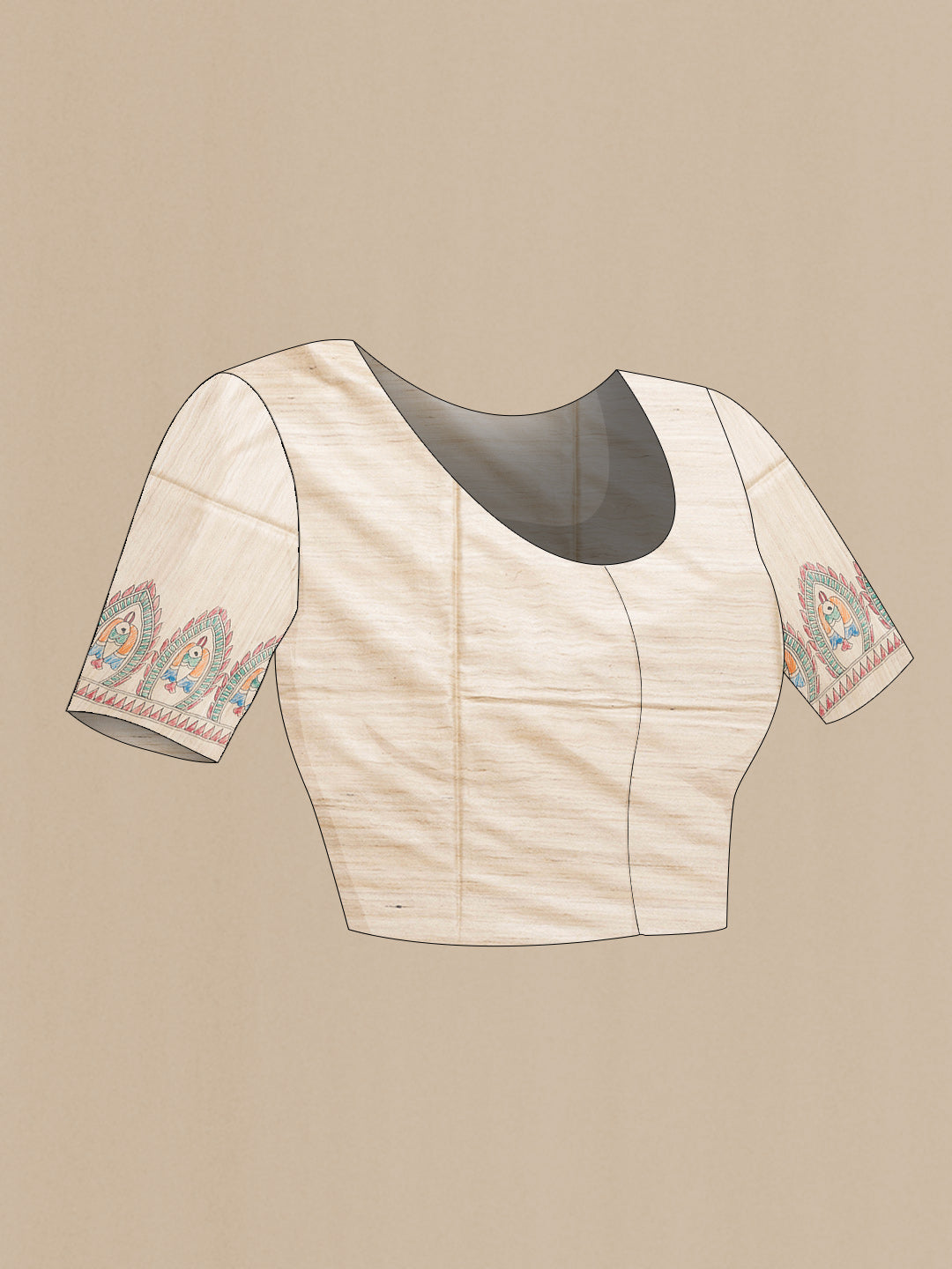 Close up image of the blouse of Beige Dual Tone Tussar Silk Saree with Printed design on the body and Fancy Border. 