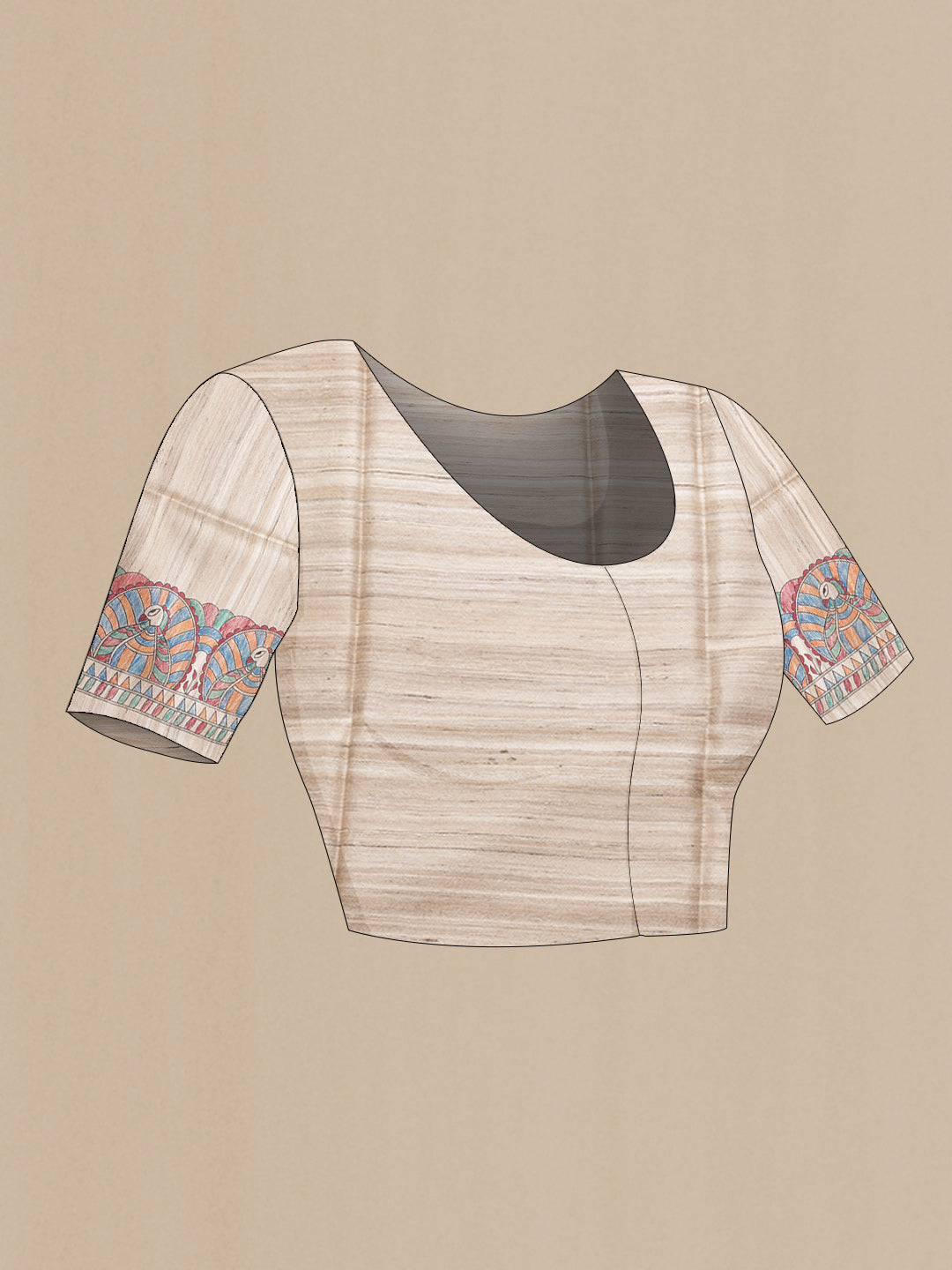 Close up image of the blouse of Beige Dual Tone Tussar Silk Saree with Printed design on the body and Printed Border. 