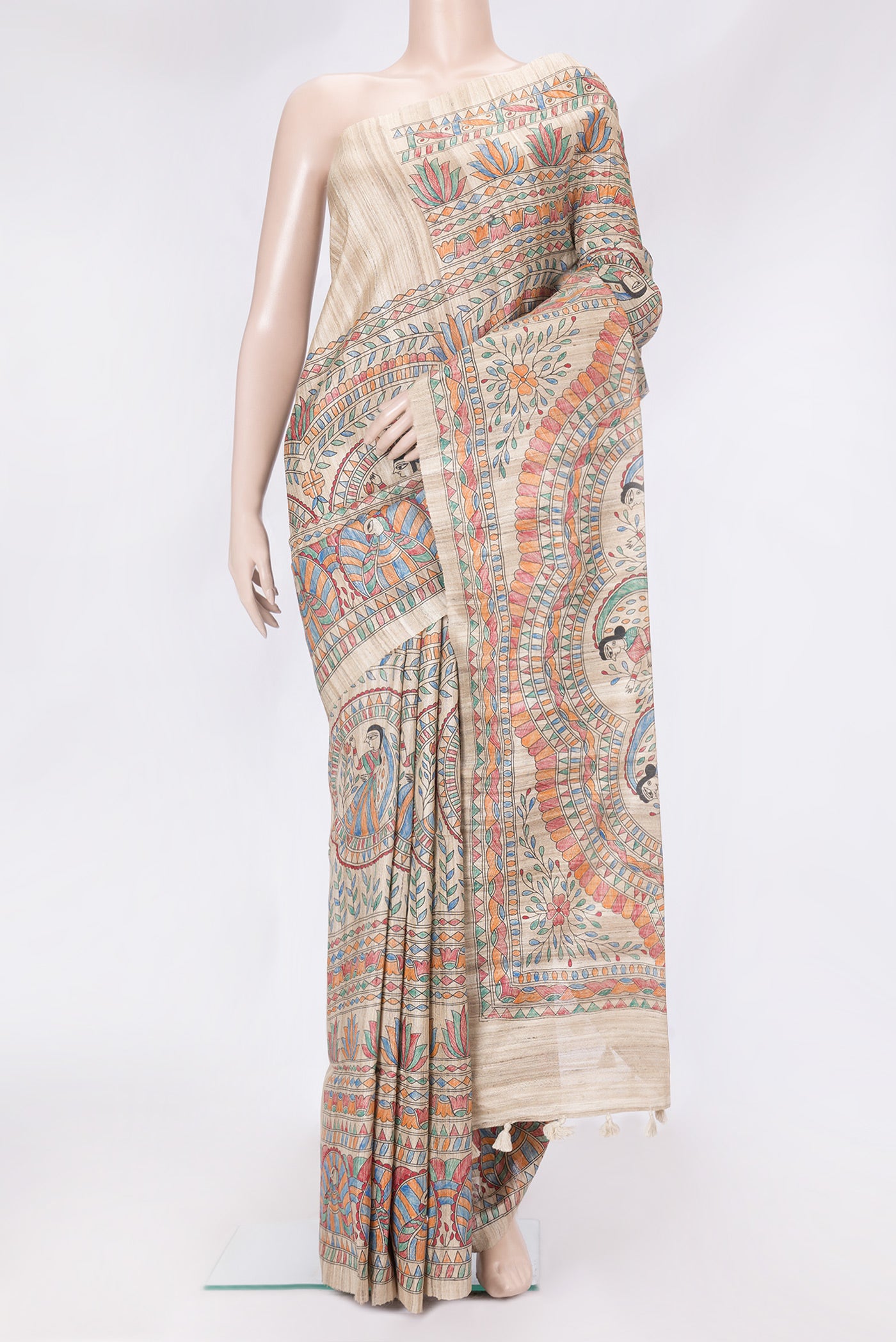 Beige Dual Tone Tussar Silk Saree with Printed design on the body and Printed Border.  displayed on a mannequin