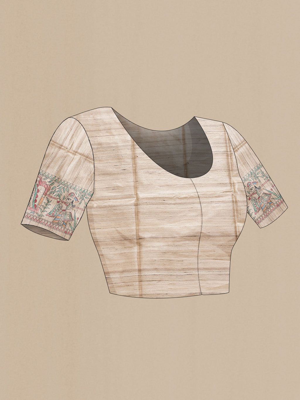 Close up image of the blouse of Beige Dual Tone Tussar Silk Saree with Printed design on the body and Printed Border. 