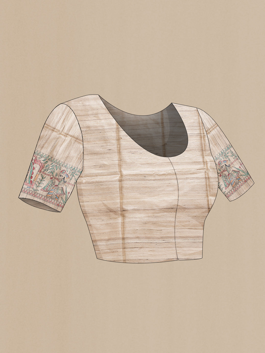 Close up image of the blouse of Beige Dual Tone Tussar Silk Saree with Printed design on the body and Printed Border. 