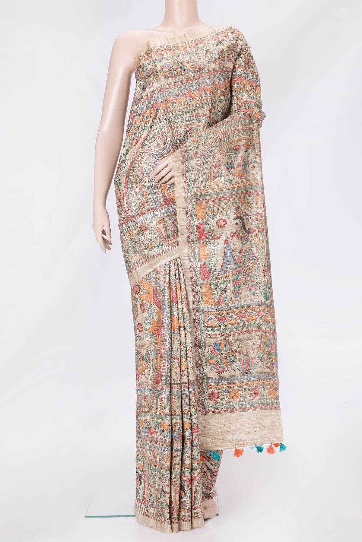 Beige Dual Tone Tussar Silk Saree with Printed design on the body and Printed Border.  displayed on a mannequin