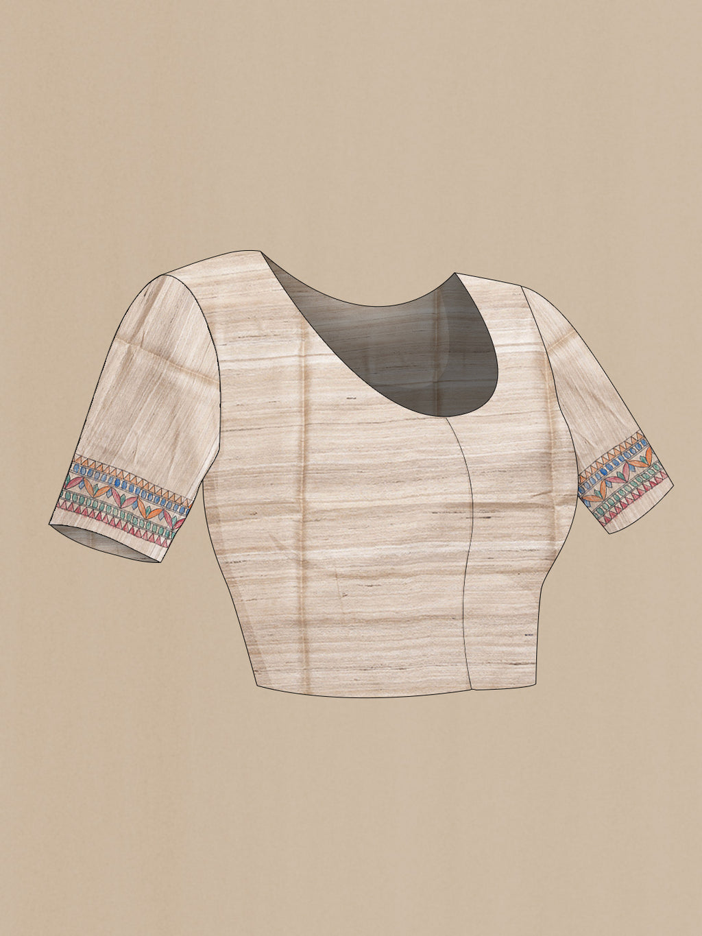 Close up image of the blouse of Beige Dual Tone Tussar Silk Saree with Printed design on the body and Printed Border. 