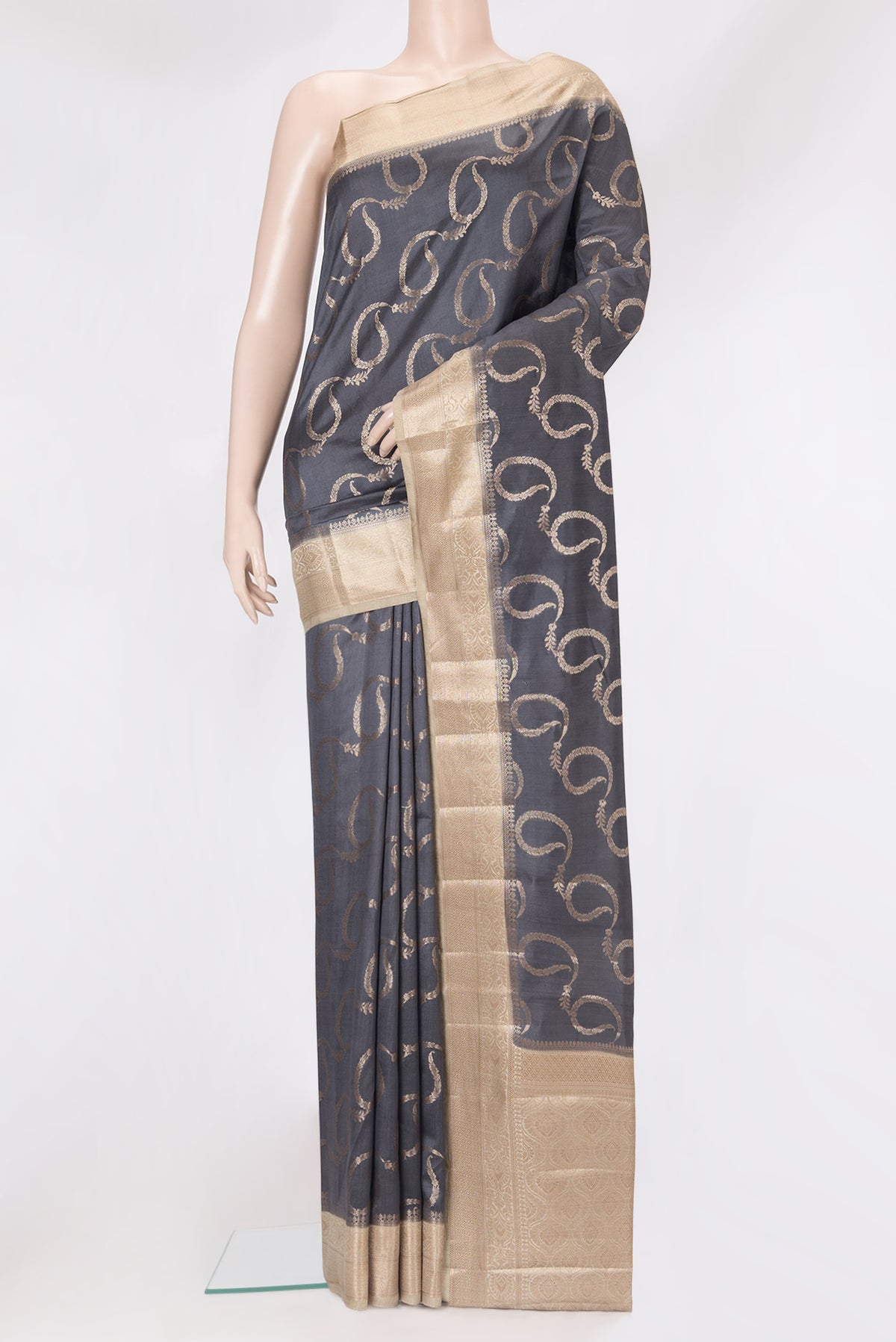 Grey Dual Tone Tussar Silk Saree with Zari Brocade on the body and Zari Border.  displayed on a mannequin