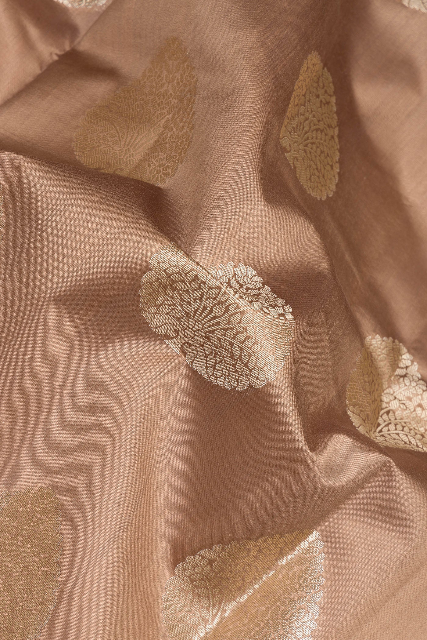 Close up of Beige Dual Tone Tussar Silk Saree with Zari Butta on the body and Zari Border.  displaying folds
