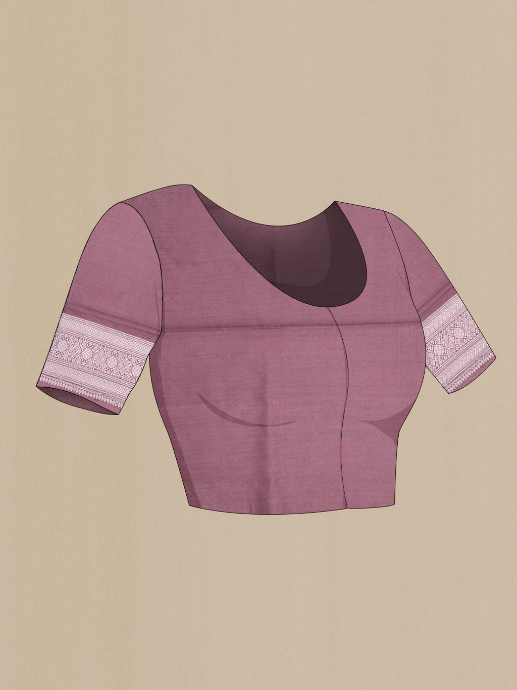 Close up image of the blouse of Mauve Tussar Silk Saree with Zari Butta on the body and Zari Border. 