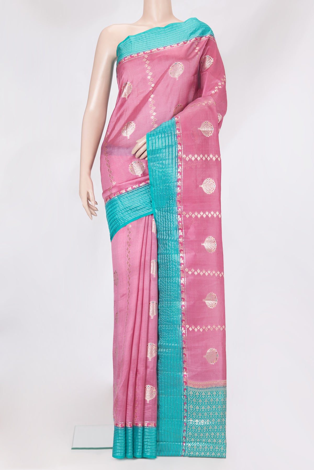 Pink Dual Tone Tussar Silk Saree with Zari Butta on the body and Fancy Border.  displayed on a mannequin