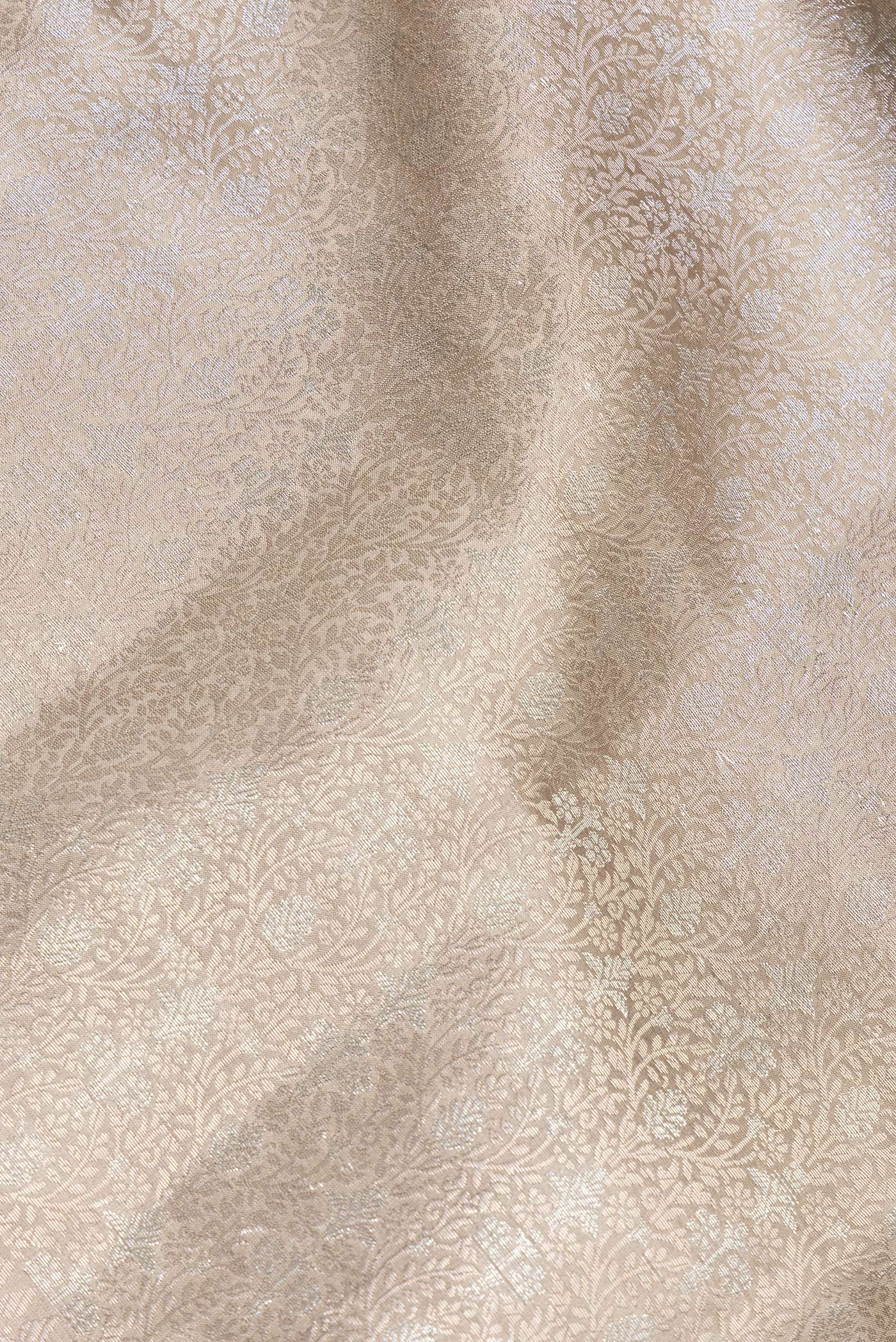 Close up of Beige Dual Tone Tussar Silk Saree with Zari Brocade on the body and Zari Border.  displaying folds