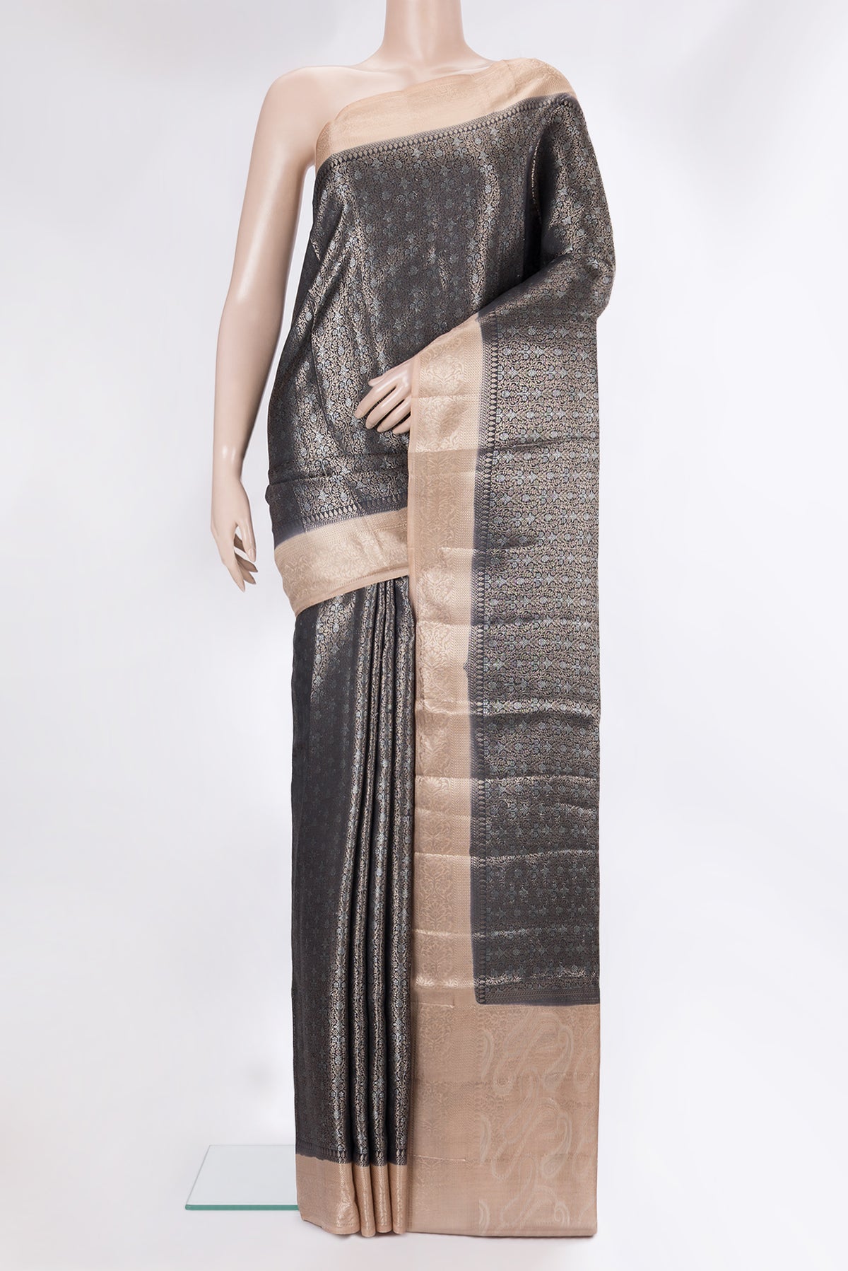 Pure Silk Brown Dual Tone Tussar Saree with Zari Brocade on the body and Fancy Border.  displayed on a mannequin