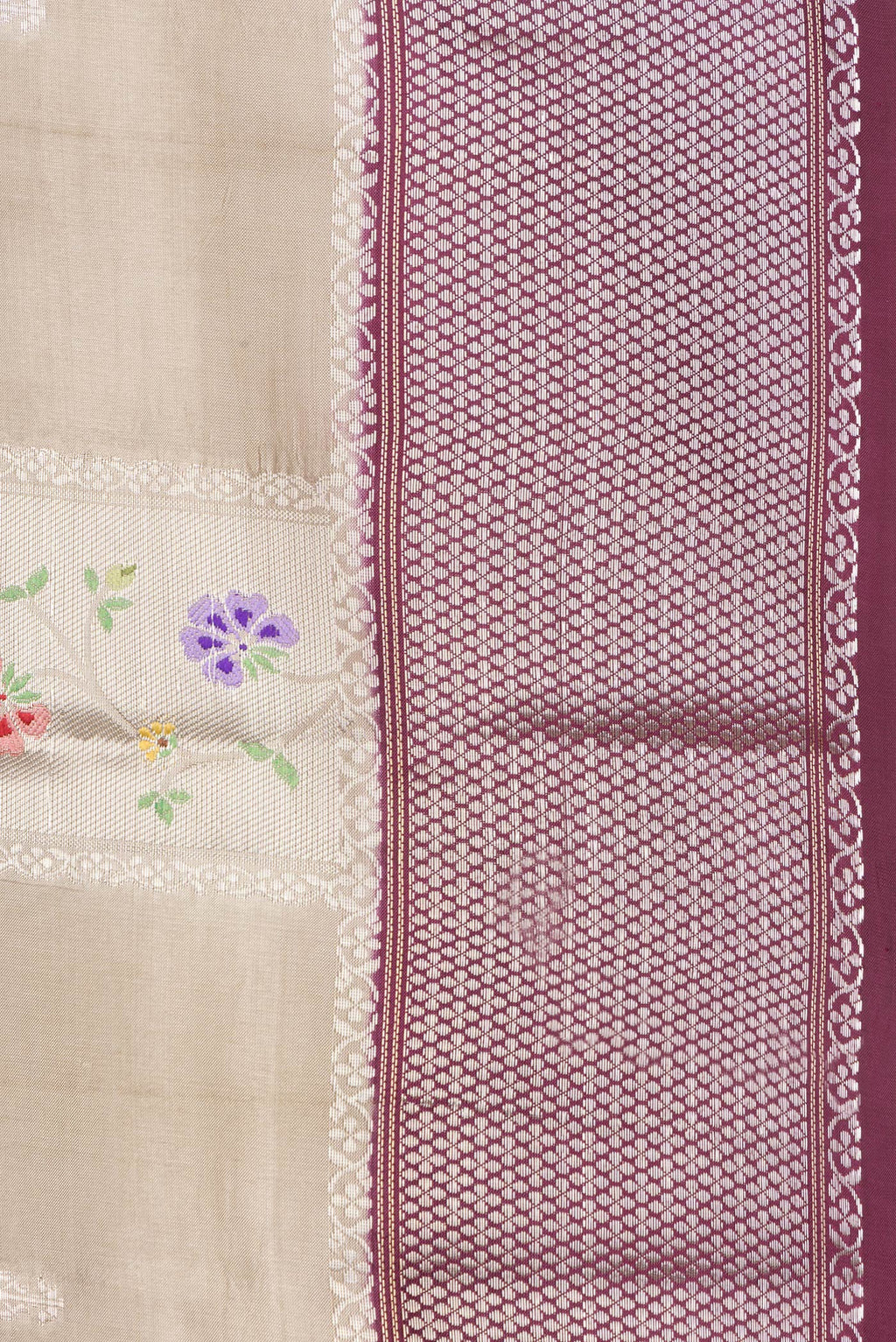 Border image of Pure Silk Beige Dual Tone Tussar Saree with Zari Butta on the body and Fancy Border. 