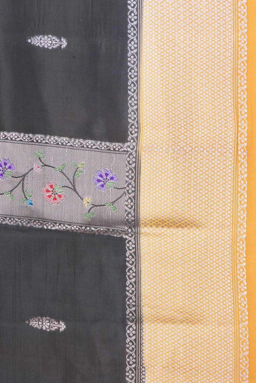 Border image of Black Dual Tone Tussar Silk Saree with Zari Butta on the body and Zari Border. 