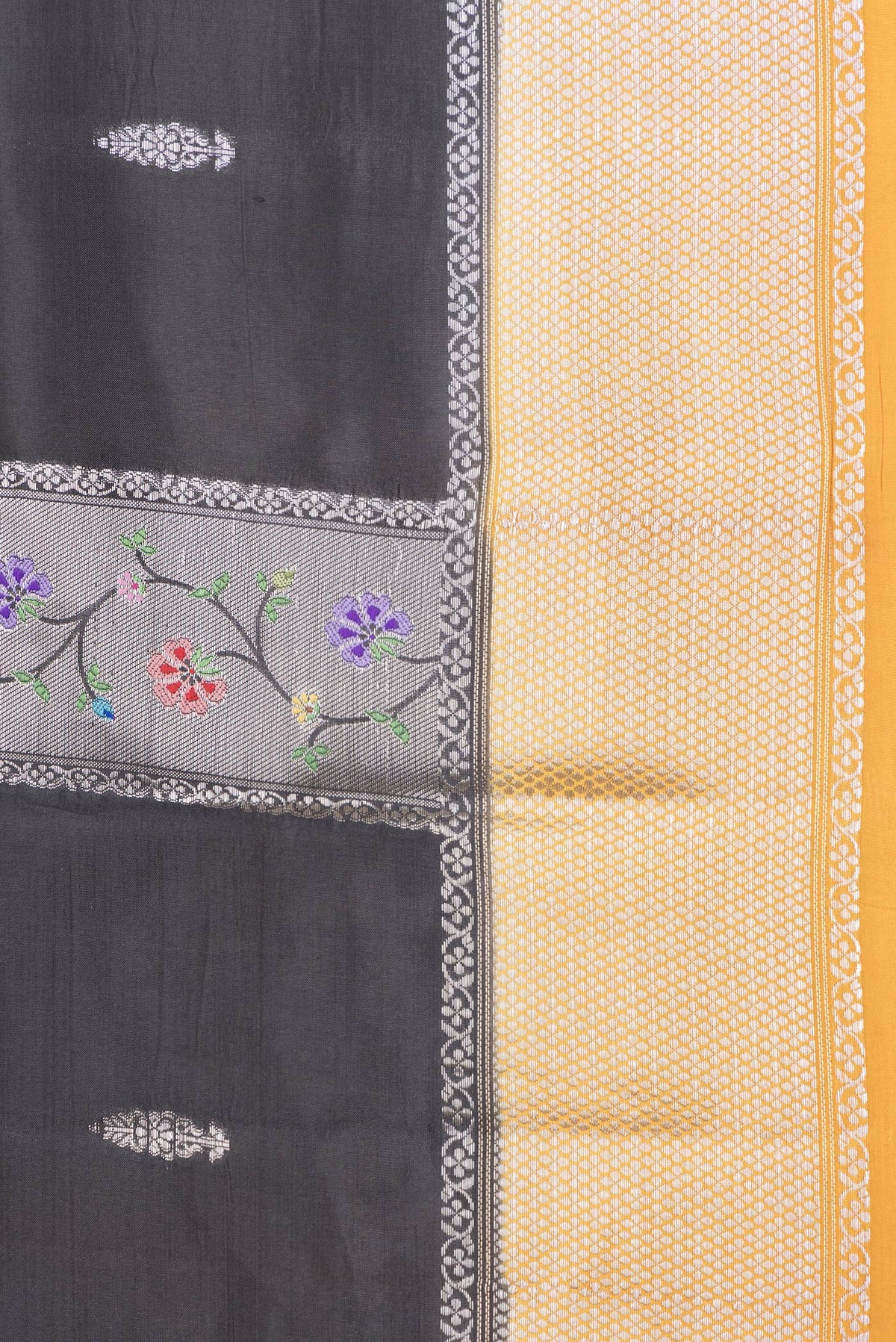 Border image of Black Dual Tone Tussar Silk Saree with Zari Butta on the body and Zari Border. 