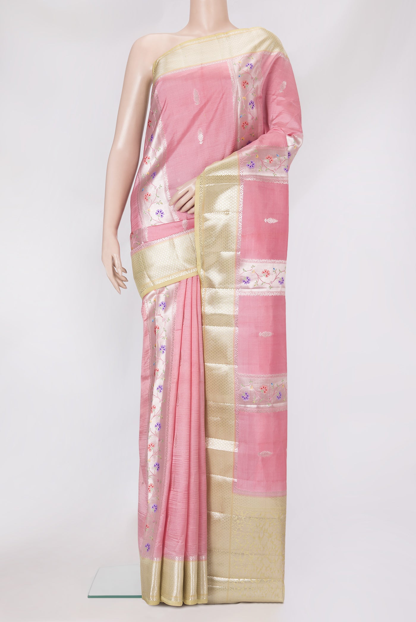 Pink Dual Tone Tussar Silk Saree with Zari Butta on the body and Zari Border.  displayed on a mannequin