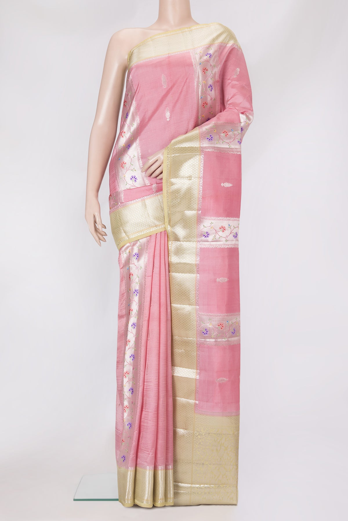 Pink Dual Tone Tussar Silk Saree with Zari Butta on the body and Zari Border.  displayed on a mannequin