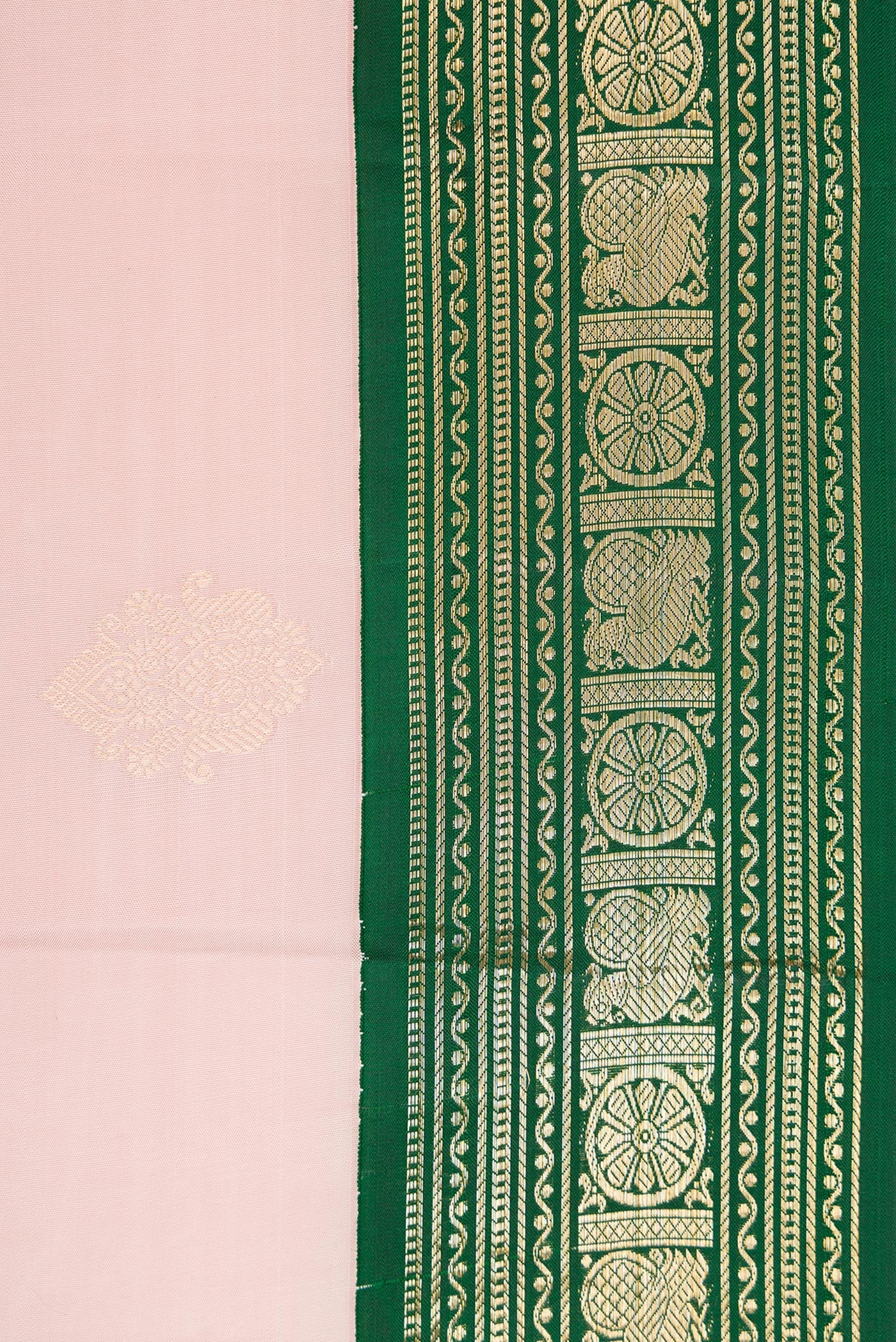Border image of Rose Gold Dual Tone Kanchipuram Silk Saree with Zari Butta on the body and Zari Border. 