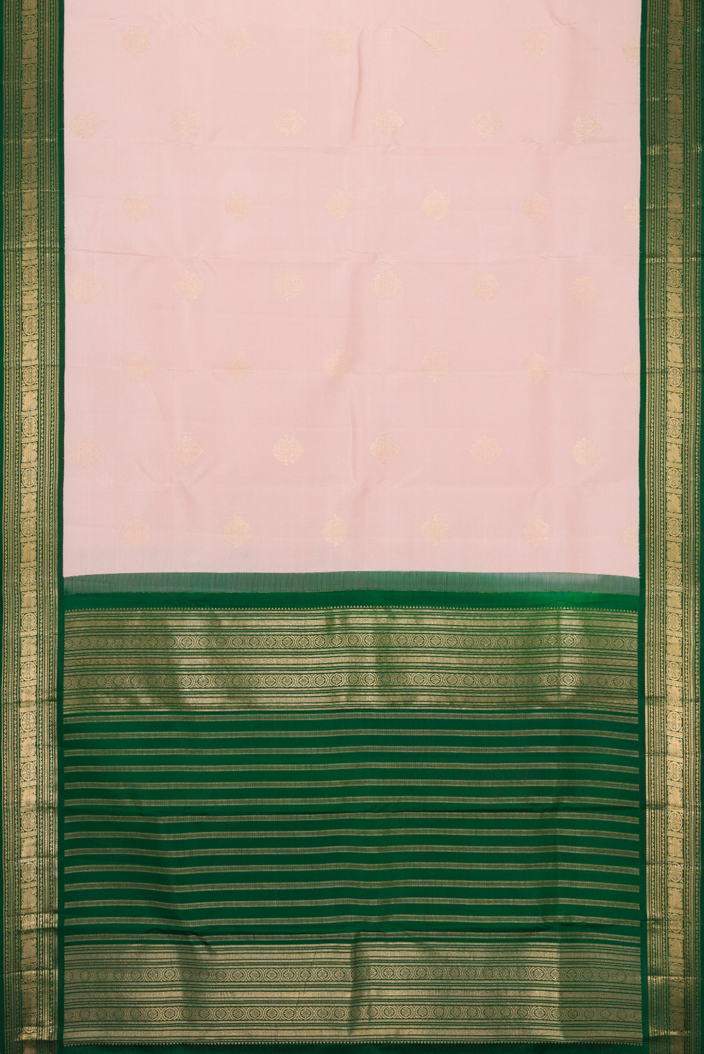 Flat view of Rose Gold Dual Tone Kanchipuram Silk Saree with Zari Butta on the body and Zari Border. 